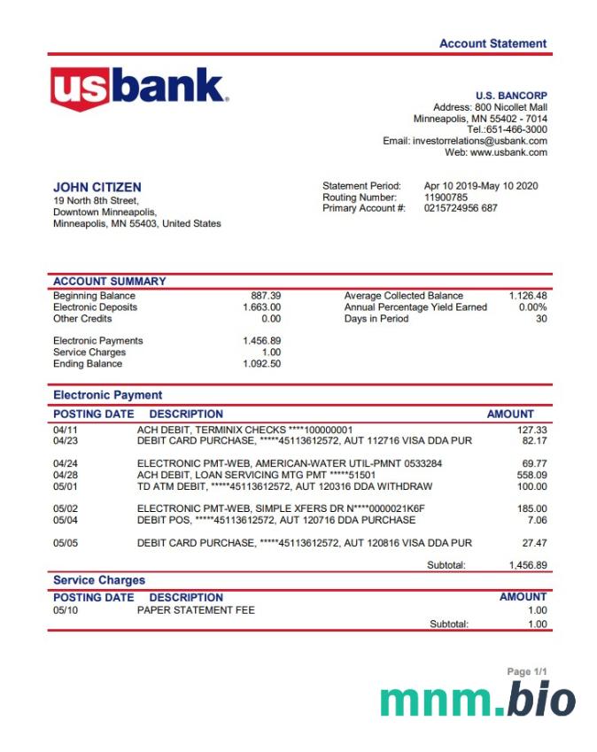 Wyciąg bankowy USA BMO, szablon Word i PDF, 4 strony